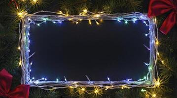 Festive Holiday Blackboard Decorated with Lights and Bows for Christmas photo