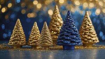 Festive Christmas Tree Decorations in Gold and Blue with Bokeh Lights photo