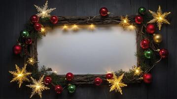 Festive Christmas Decoration Frame with Ornaments and Twinkling Lights photo