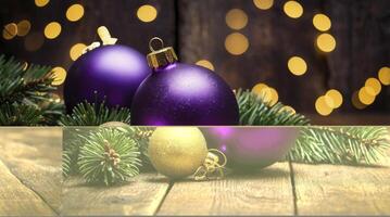 Festive Christmas Ornaments with Pine Branches and Bokeh Background photo