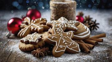 Gingerbread Cookies with Cinnamon Sticks and Christmas Ornaments Festive Still Life photo