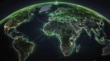 Earth Globe with Glowing Network Connections Illuminating Continents and Countries photo