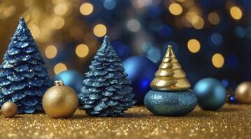 Festive Christmas Trees and Ornaments on Sparkling Gold Background for Holiday Season photo