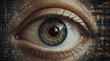 Eye Close-up with Digital Grid Overlay for Vision Technology Concepts photo