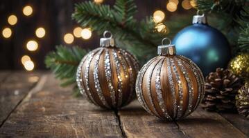 Decorating Christmas Ornaments and Pine Cones on Wood Table with String Lights photo