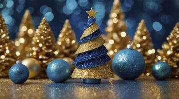 Christmas tree with blue and gold decorations photo