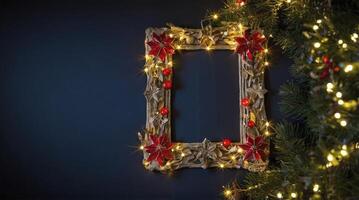 Decorated Christmas Picture Frame Hanging with Lights and Tree Branch photo