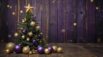 Decorated Christmas Tree with Ornaments and Star on Wood Background photo