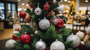 Decorating Christmas Tree with Red and Silver Ornaments Indoors for Holiday Season photo