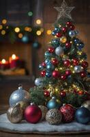 Decorated Christmas Tree with Ornaments and Warm Lights in Cozy Interior photo