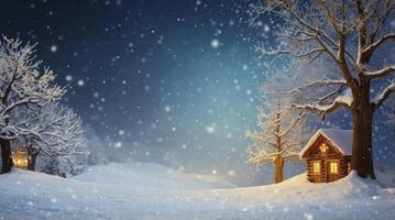 Winter Cabin Scene with Falling Snow and Light in Snowy Landscape photo