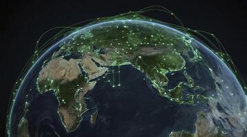 Earth Globe with Global Network Connection and Green City Lights at Night photo