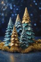 Sparkling Christmas Trees Group with Gold Garland on Festive Blue Background photo