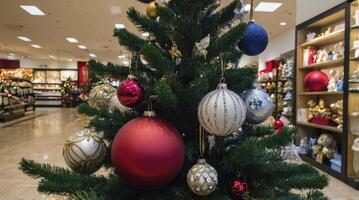 Decorated Christmas Tree with Ornaments in a Retail Store Setting photo