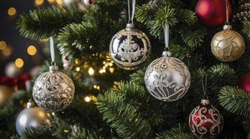 Hanging Christmas Ornaments on Tree with Festive Lights Holiday Celebration photo