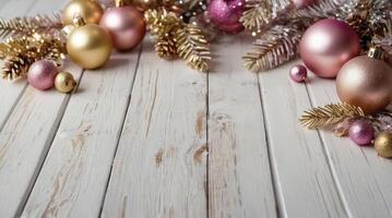 Christmas Ornaments and Golden Pine Branches on Wooden Surface Festive Setting photo