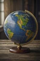 Globe Showing the Americas on Rustic Wooden Tabletop for Exploration photo