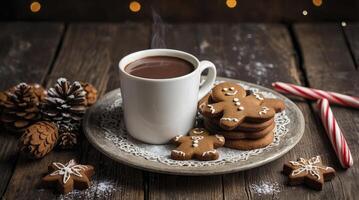 Enjoying Hot Chocolate with Gingerbread Cookies and Candy Canes photo