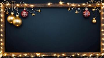 Festive Christmas Decoration with Ornaments and Lights on a Dark Background photo