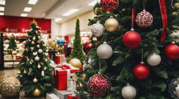 Decorated Christmas Tree with Ornaments and Gifts in a Store photo