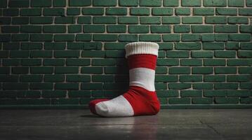 Isolated Single Sock with Red and White Stripes Against Green Wall photo
