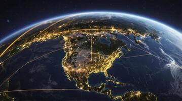 Earth View of North America at Night with Communication Network Lines photo