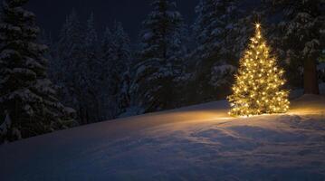 Illuminated Christmas Tree in Snow Landscape at Night with Star photo