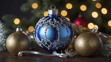 Arrangement of Blue and Gold Christmas Ornaments with Decorative Lights photo