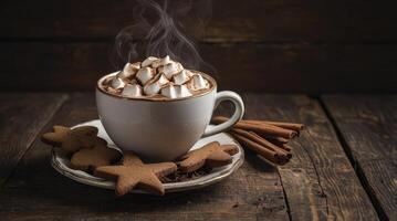 Hot Chocolate with Marshmallows and Gingerbread Cookies on a Wooden Table photo