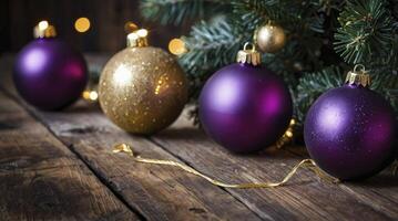 Christmas Ornaments Decoration with Lights and Tree on Wooden Surface photo