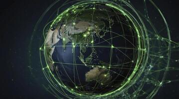 Globe with Green Network Lines Showing Connection Across Continents photo