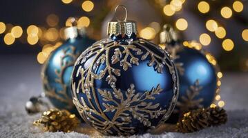 Decorating with Elegant Blue Christmas Ornaments and Pine Cones in Festive Scene photo