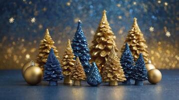 Festive Christmas Trees in Gold and Blue with Sparkly Background photo