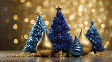 Festive Christmas Tree and Ornament Display with Sparkling Gold Bokeh Backdrop photo