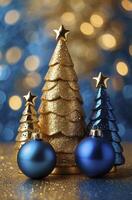 Festive Christmas Tree Decorations with Blue Ornaments and Bokeh Lights photo
