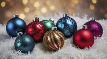 Colorful Christmas Ornaments Displayed on White Fluffy Surface with Bokeh Lights photo