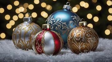 Festive Christmas Ornaments with Decorative Details and Warm Bokeh Lighting photo