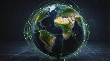 Global Network Connecting Planet Earth with Digital Green Communication Lines photo