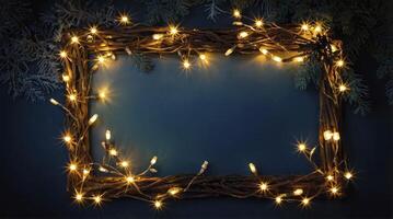 Twigs and Lights Frame with Pine Sprigs Holiday Background Texture photo
