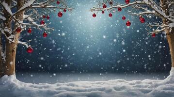 Snowy Winter Scene with Trees Decorated with Red Christmas Ornaments photo
