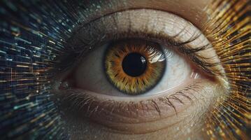 Human Eye Close-up with Digital Futuristic Data Stream Technology Concept photo