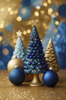 Festive Christmas Trees and Ornaments on Gold Glitter Background Holiday Still Life photo