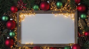 Christmas Holiday Frame with Ornaments and Lights for Festive Greetings photo