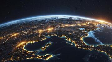 Viewing Earth From Space at Night with Glowing City Lights photo