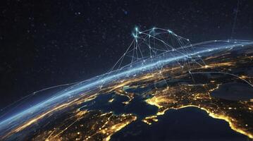 Earth Network Connection Digital Lines Over Globe Futuristic Communication photo