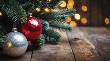 Christmas Baubles and Pine Branch on Rustic Wooden Surface with Bokeh photo