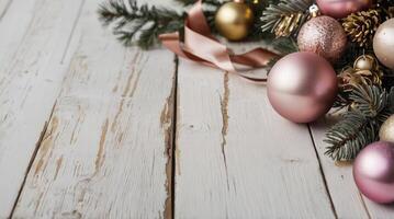 Christmas Balls and Fir Tree Branches on a Rustic Wooden Background photo