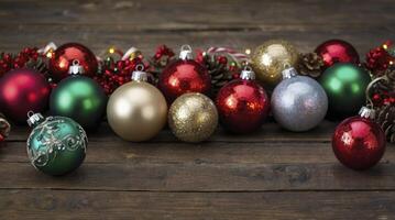 Christmas Ornaments with Pine Cones and Candy Canes on Wood photo