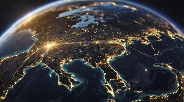 Earth at Night Showing City Lights and Global Network Connections photo
