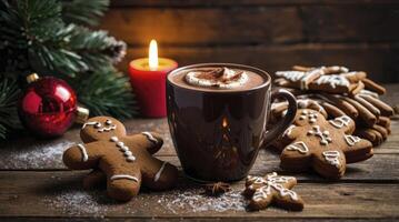 Enjoying Hot Chocolate and Gingerbread Cookies During Christmas Time photo